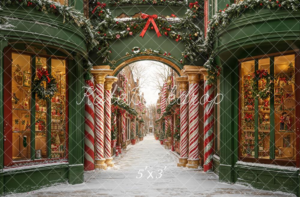 Kate Christmas Shop Street Arch Candy Cane Columns Backdrop Designed by Emetselch