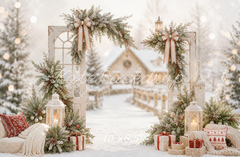 Kate Christmas Door Snowy Arch Garland Lanterns Village Printed Backdrop Designed by Emetselch