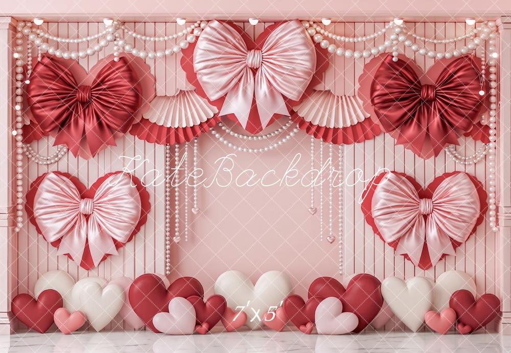 Kate Valentine's Day Pink Heart Satin Bows Pearls Printed Backdrop Designed by Angela Miller