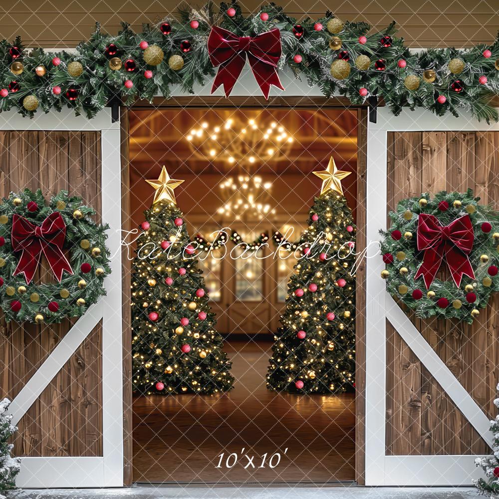 Kate Christmas Tree White Trim Barn Door Bow Backdrop Designed by Mini MakeBelieve