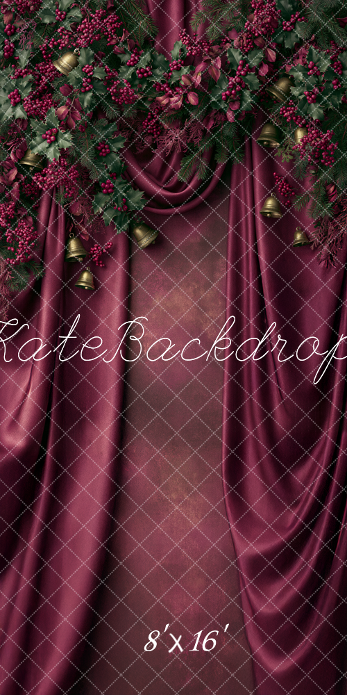 Kate Sweep Christmas Garland Burgundy Curtains Bells Printed Backdrop Designed by Angela Miller
