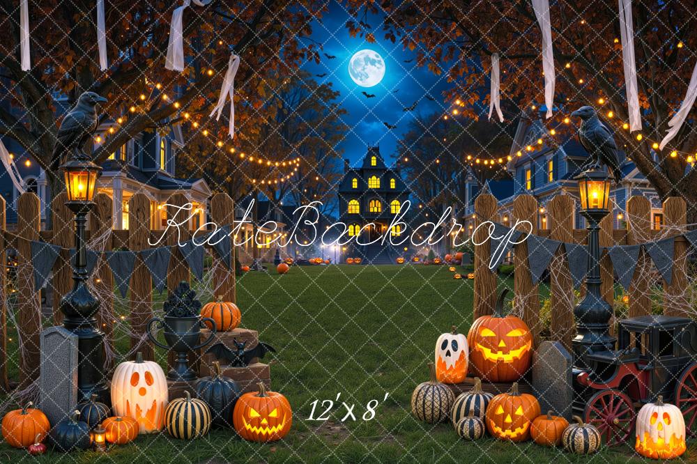 Kate Halloween Night Haunted House Pumpkins Moonlight Printed Backdrop Designed by Mini MakeBelieve