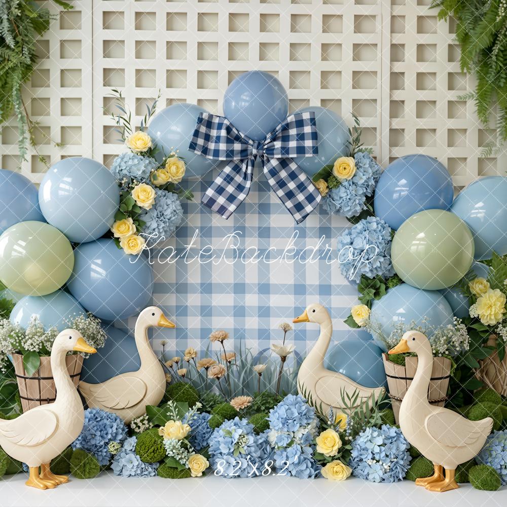 Kate Cake Smash Blue Balloons Silly Goose Florals Gingham Bow Backdrop Designed by Emetselch