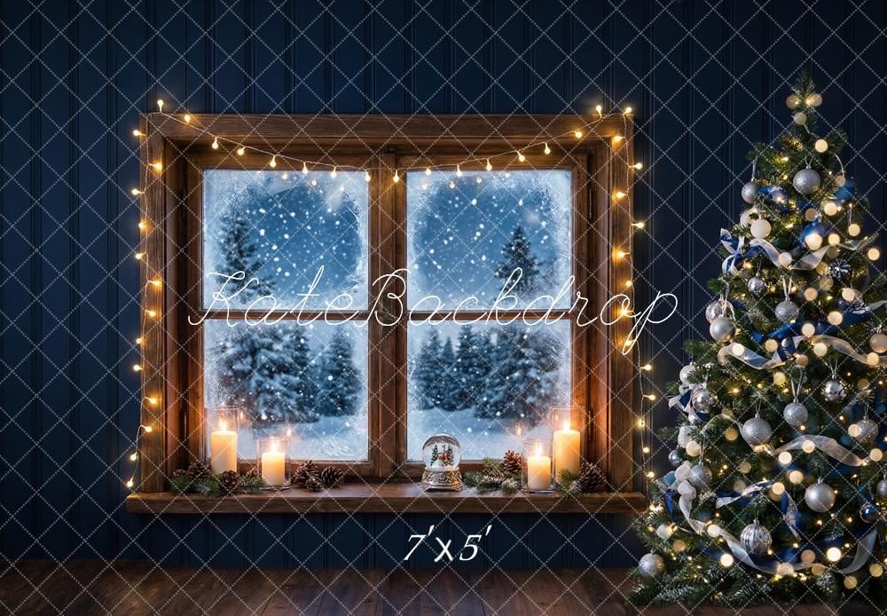 Kate Christmas Window Tree Snowy Night Printed Backdrop Designed by Happy Squirrel Design
