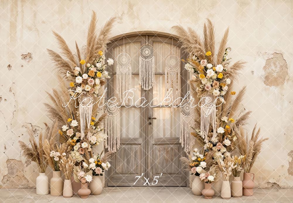 Kate Boho Flower Arch Pampas Grass Door Macrame Printed Backdrop Designed by Patty Roberts