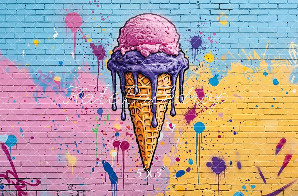 Kate Summer Ice Cream Cone Graffiti Brick Wall Printed Backdrop Designed by Emetselch