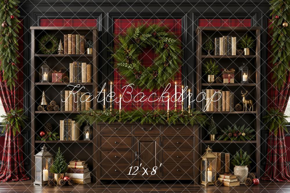 Kate Christmas Retro Library Wreath Brown Bookshelf Printed Backdrop Designed by Emetselch