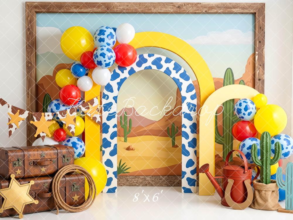 Kate Cake Smash Western Cow Arch Cactus Balloons Printed Backdrop Designed by Mini MakeBelieve
