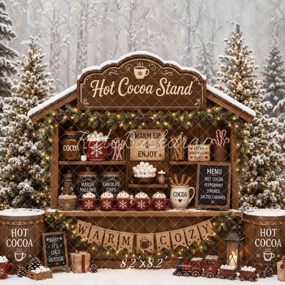 Kate Christmas Hot Cocoa Stand Snowy Forest Printed Backdrop Designed by Emetselch