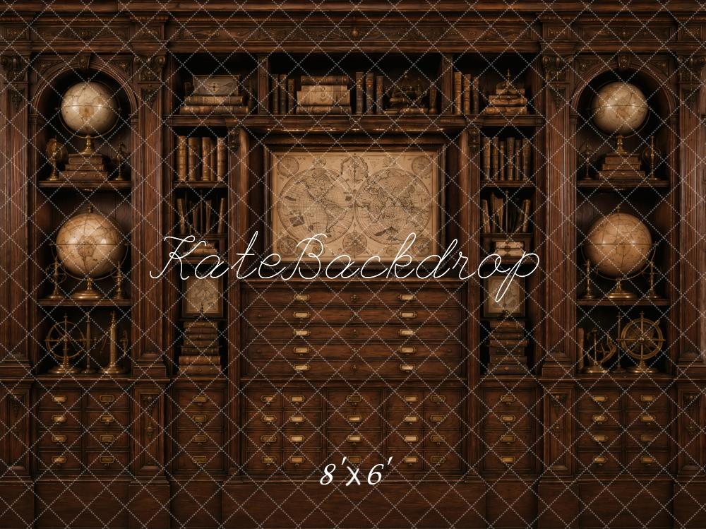 Kate Vintage Cabinet Drawers Globe Bookshelves Map Printed Backdrop Designed by Vertigo Productions