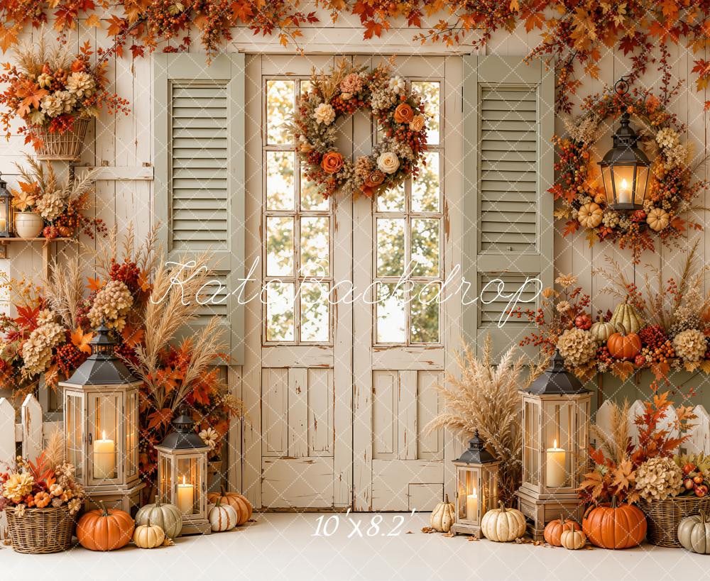 Kate Fall Floral Door Garland Pumpkins Window Shutters Lanterns Fence Printed Backdrop Designed by Emetselch