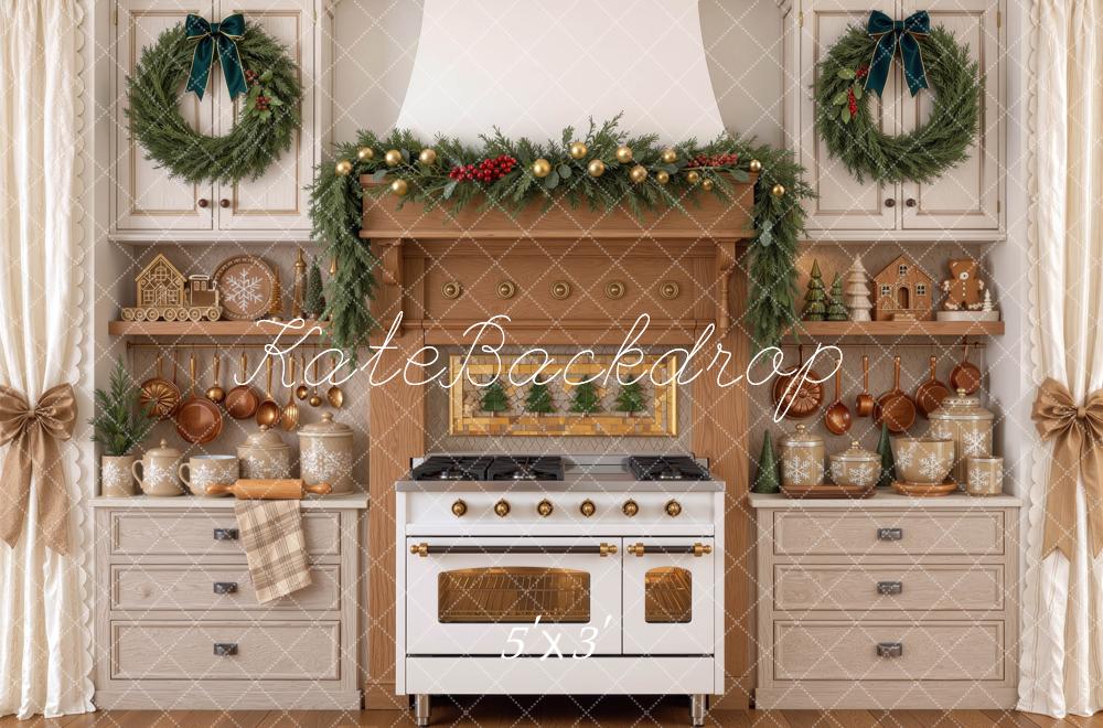 Kate Christmas Kitchen Cabinet Rustic Stove Garland Wreath Printed Backdrop Designed by Mini MakeBelieve