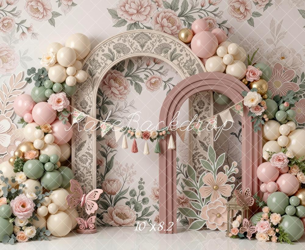 Kate Cake Smash Garden Flower Arch Balloon Floral Printed Backdrop Printed Backdrop Designed by Mini MakeBelieve