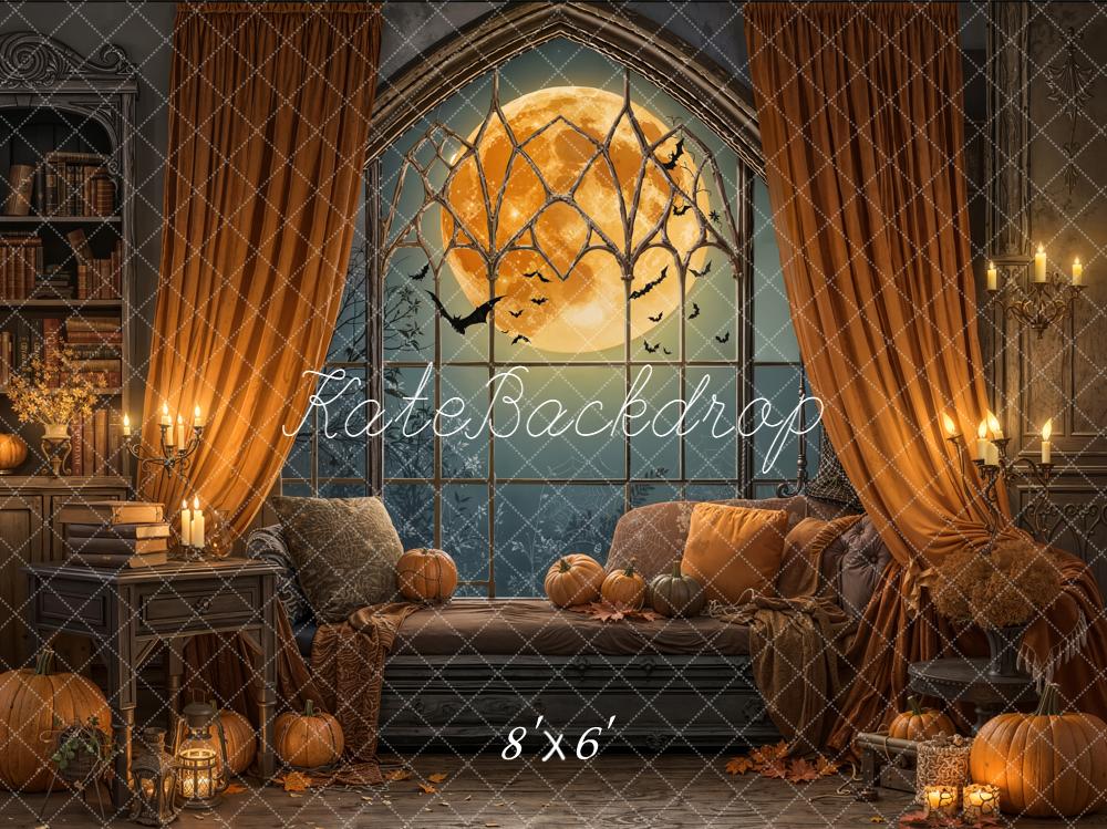 Kate Halloween Moon Bats Window Pumpkins Orange Curtains Backdrop Designed by Emetselch