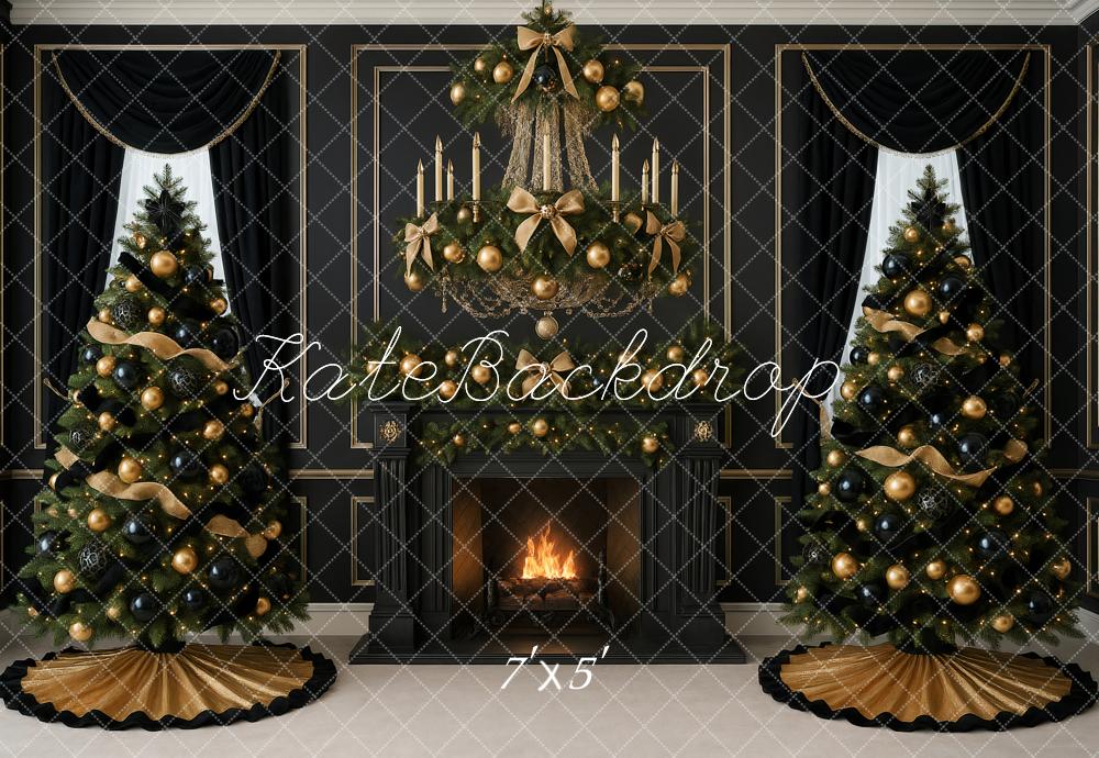 Kate Christmas Trees Fireplace Garland Chandelier Black Gold Backdrop Designed by Ashley Paul