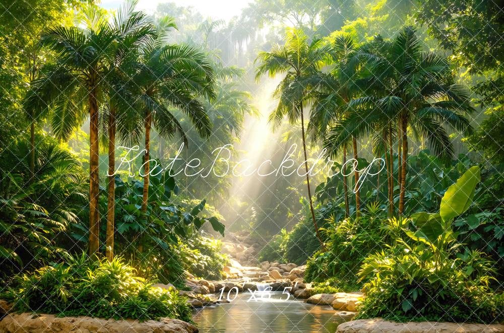 Kate Jungle Sun Rays Stream Rocks Printed Backdrop Designed by Mini MakeBelieve