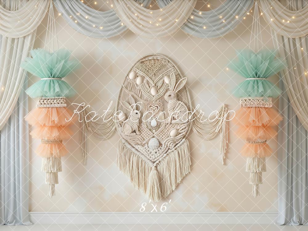 Kate Easter Bunny Macrame Pastel Tulle Drapes Printed Backdrop Designed by Mini MakeBelieve
