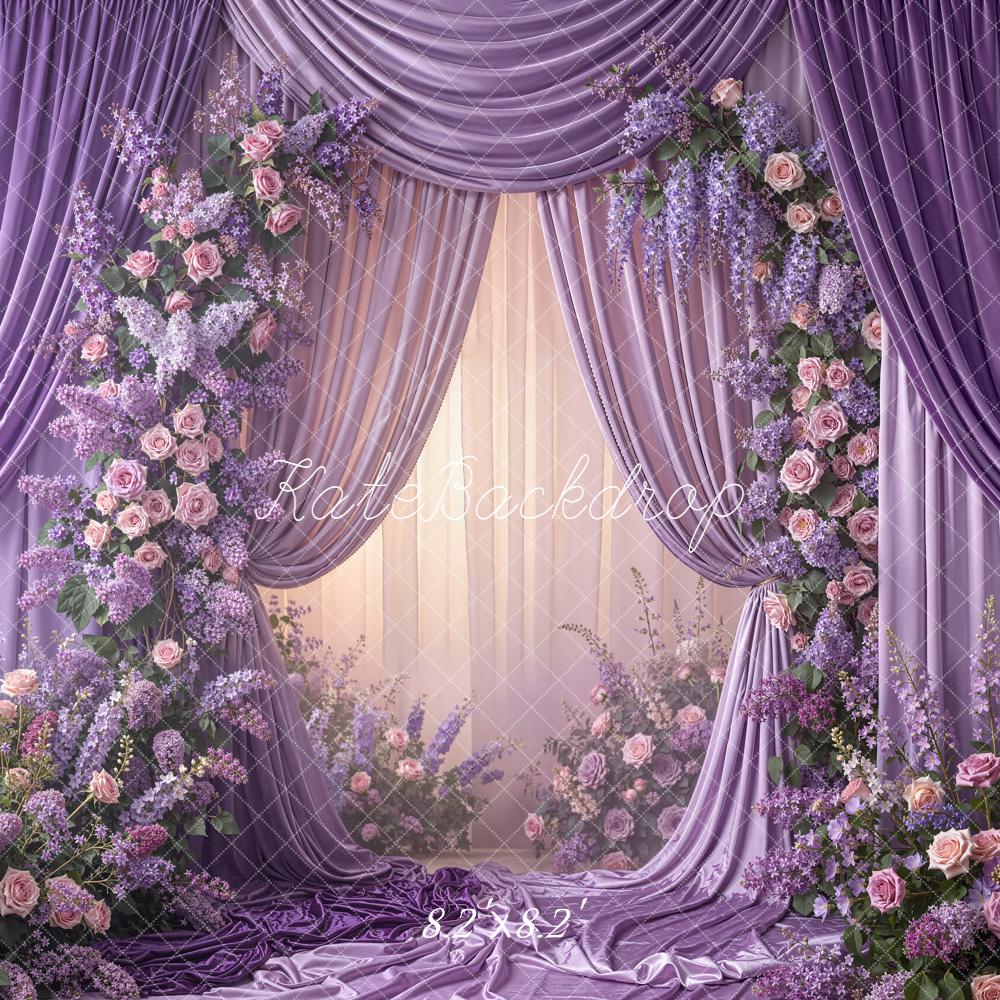 Kate Spring Purple Drapes Flower Arch Printed Backdrop Designed by Emetselch