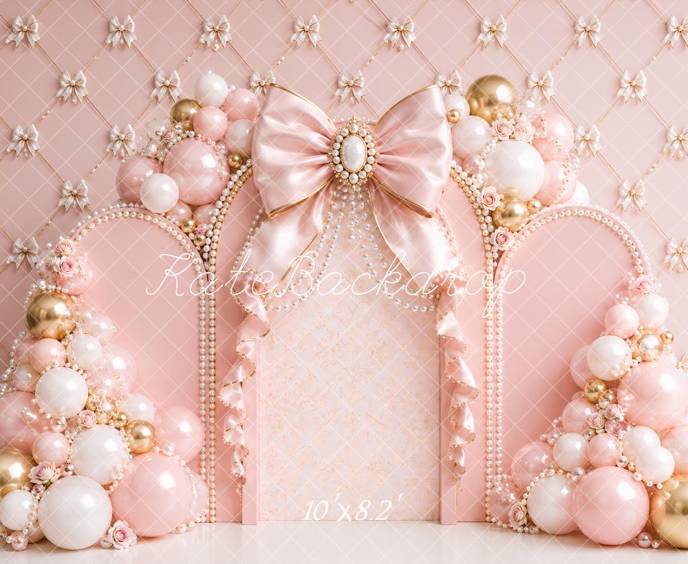 Kate Birthday Princess Pink Balloon Arch Bow Printed Backdrop Designed by Ashley Paul