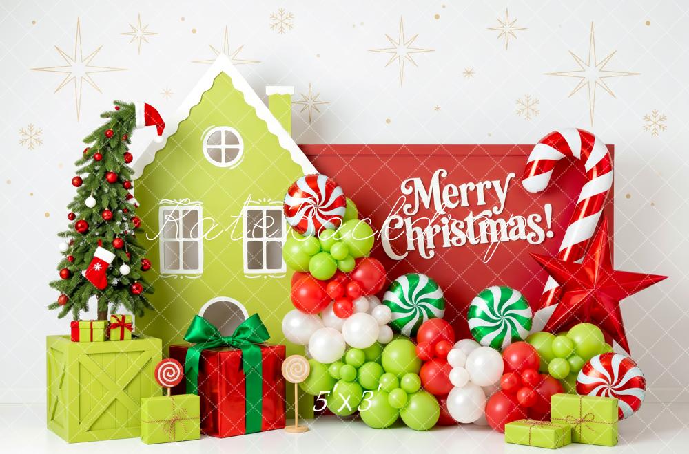 Kate Christmas Whimstical Candy House Green Red Balloons Tree Presents Printed Backdrop Designed by Patty Roberts
