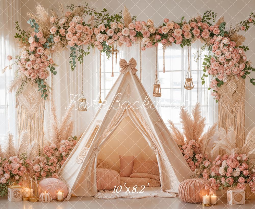 Kate Boho Flower Arch Teepee Pink Floral Macrame Backdrop Designed by Emetselch