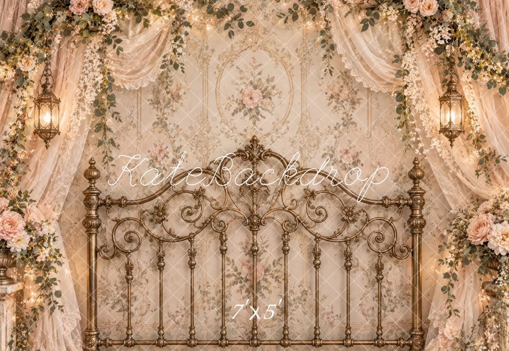 Kate Spring Romantic Brass Headboard Beige Flower Lace Drapes Printed Backdrop Designed by Laura Bybee