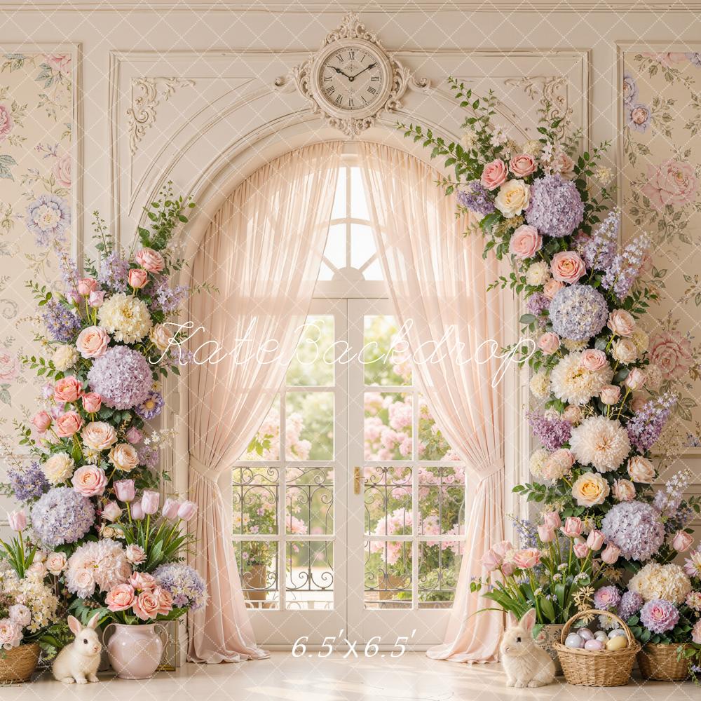 Kate Easter Spring Floral Arch Vintage Window Clock Bunny Printed Backdrop Designed by Emetselch