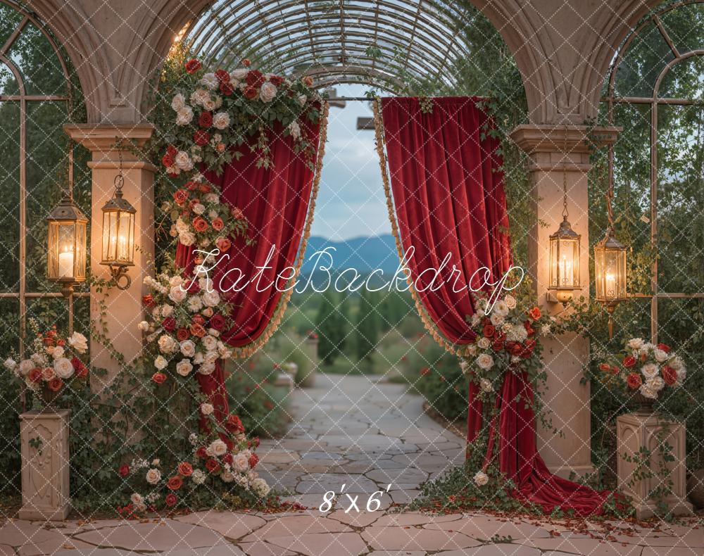 Kate Red Curtain Flower Arch Lantern Garden Backdrop Designed by Emetselch