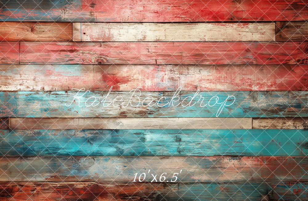 Kate Red Blue Vintage Wood Planks Floor Printed Backdrop Designed by Angela Miller