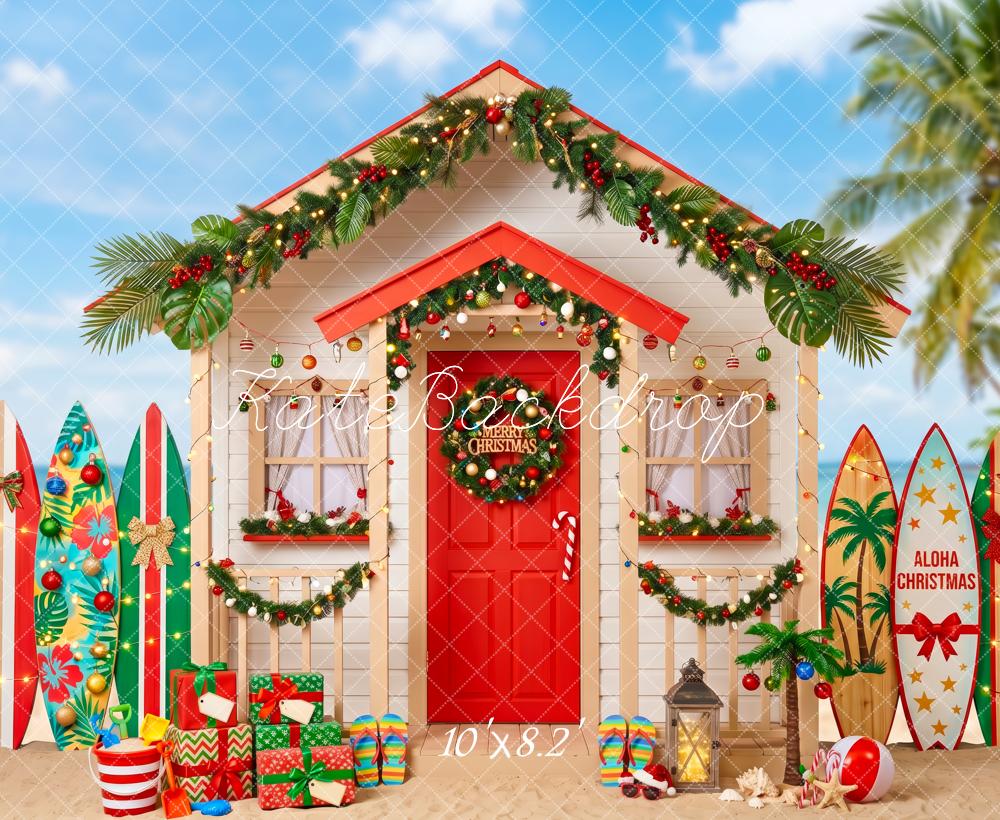Kate Christmas Beach Surfboards Palm Hut Printed Backdrop Designed by Patty Roberts