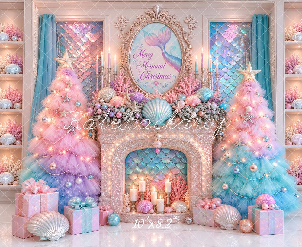 Kate Christmas Mermaid Seashell Fireplace Printed Backdrop Designed by Ashley Paul