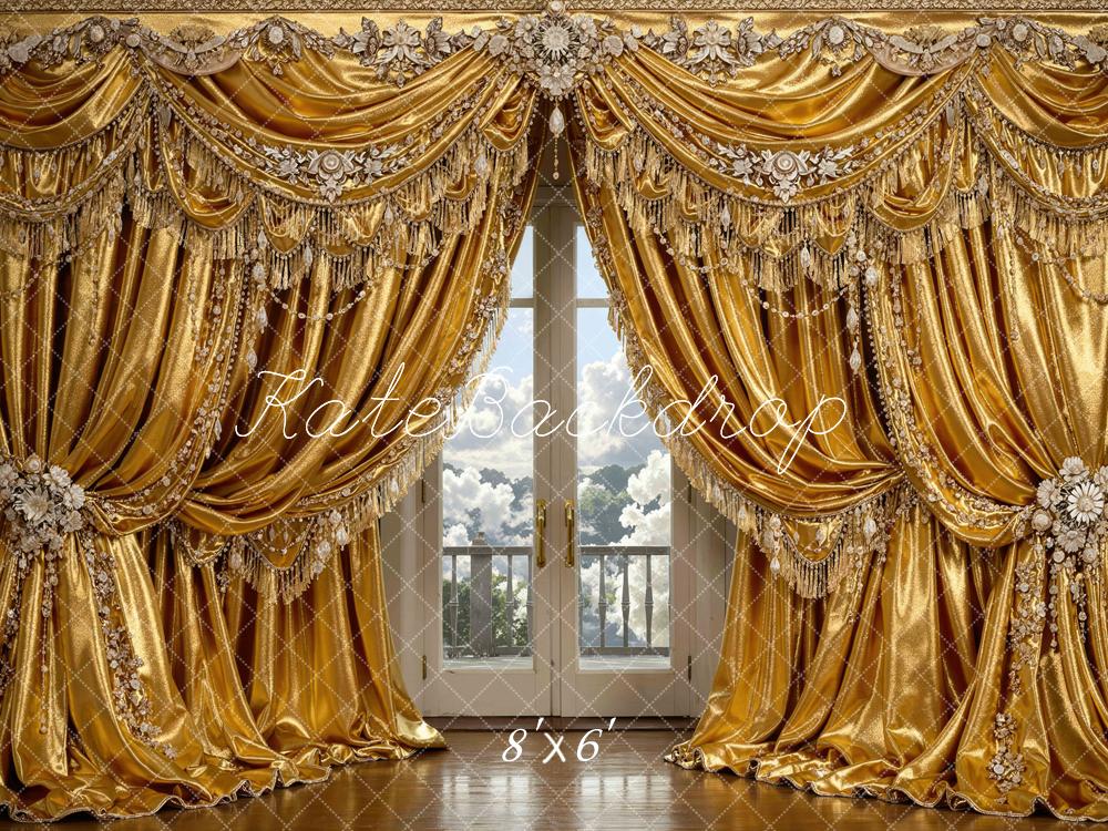 Kate Gold Ornate Curtains French Doors Printed Backdrop Designed by Mini MakeBelieve