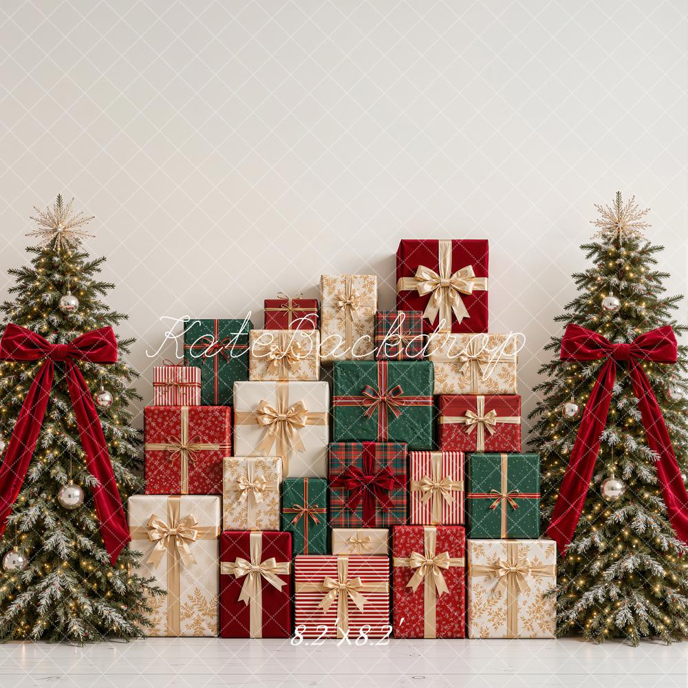 Kate Christmas Tartan Gift Boxes Trees Red Bow Printed Backdrop Designed by Emetselch