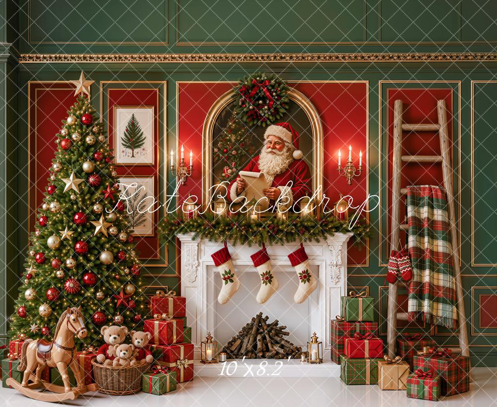 Kate Christmas Tree Santa Fireplace Rocking Horse Red Wall Printed Backdrop Designed by Emetselch