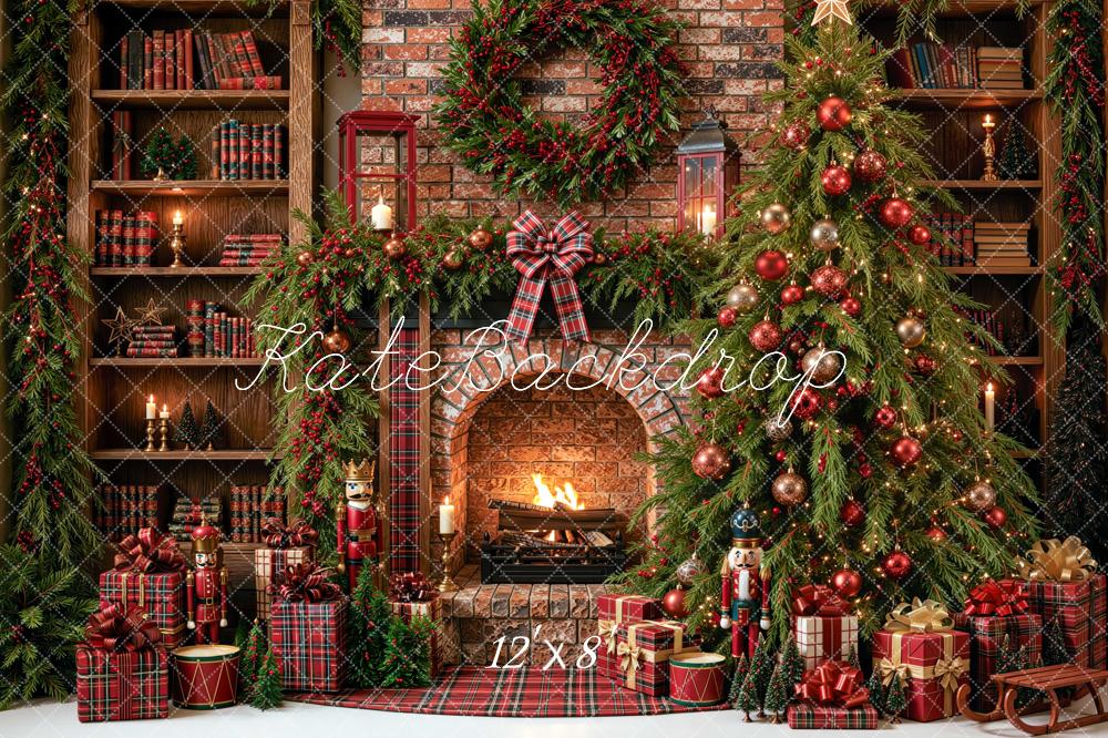 Kate Christmas Tree Library Brick Fireplace Wreath Red Plaid Printed Backdrop Designed by Mini MakeBelieve