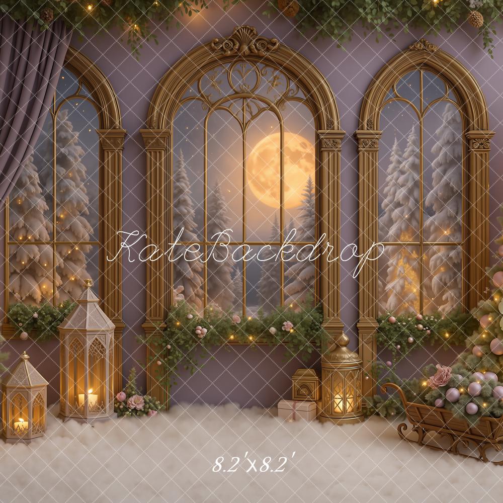 Kate Christmas Gold Arched Window Flower Tree Lantern Sleigh Backdrop Designed by Ashley Paul