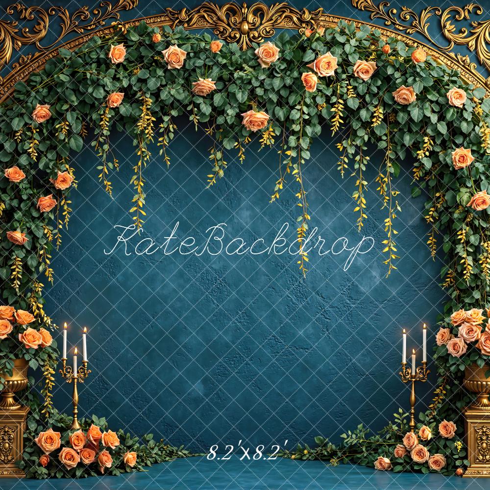 Kate Spring Flower Arch Gold Ornate Blue Floral Roses Printed Backdrop Designed by Mini MakeBelieve