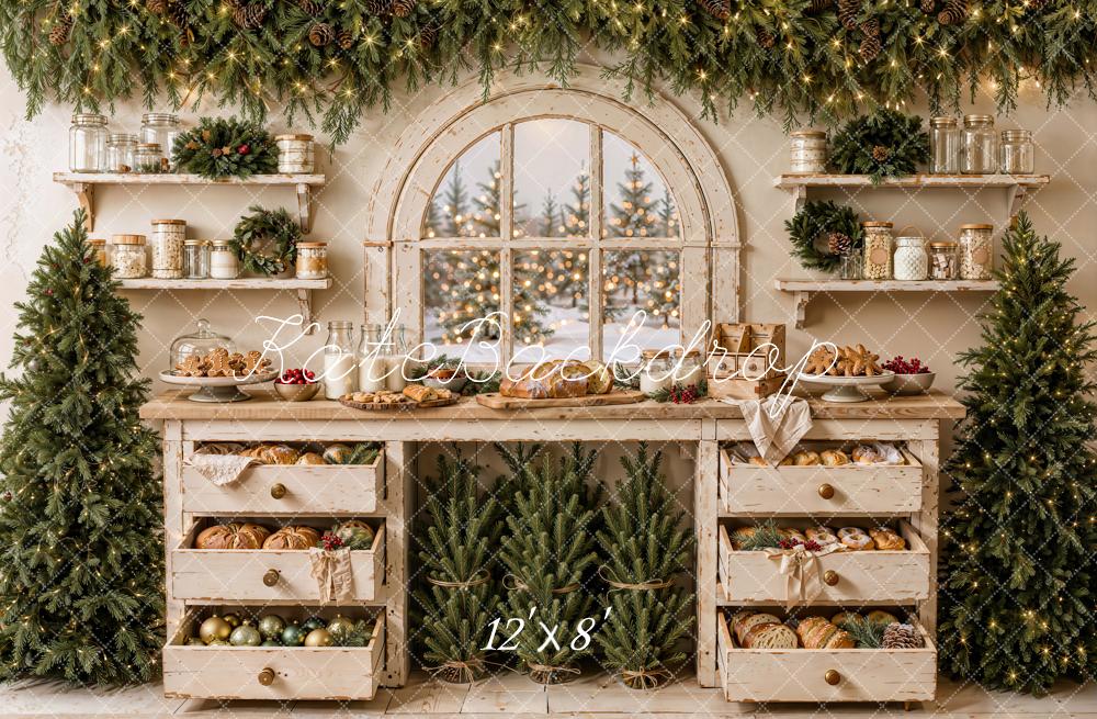 Kate Christmas Rustic Kitchen Bakery Garland Arched Window Printed Backdrop Designed by Emetselch
