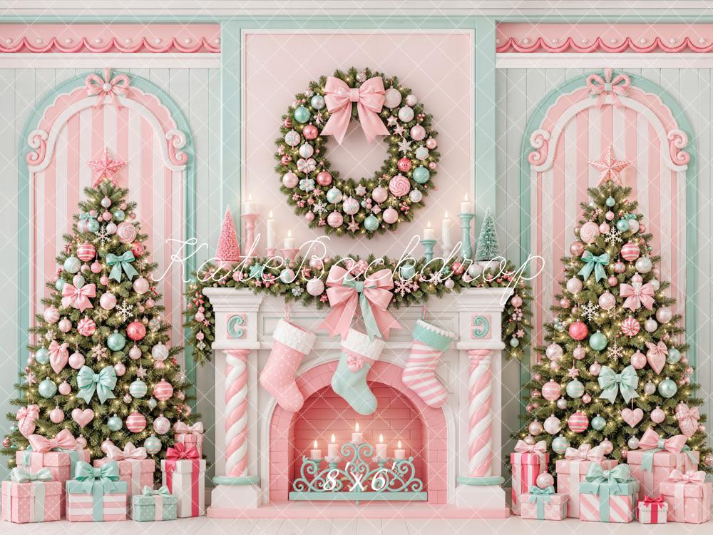 Kate Christmas Pastel Candy Cane Fireplace Wreath Trees Printed Backdrop Designed by Emetselch