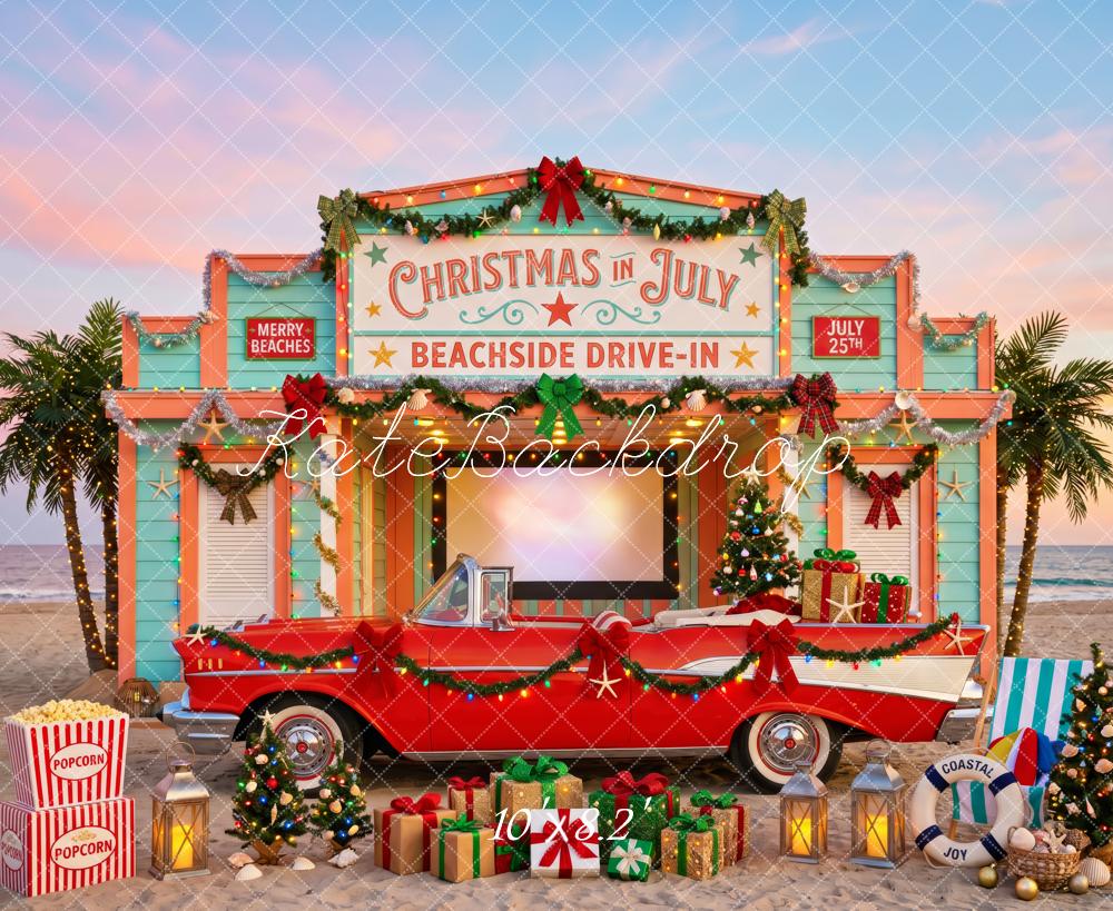 Kate Christmas in July Beach Drive-In Red Vintage Car Presents Palm Trees Printed Backdrop Designed by Patty Roberts