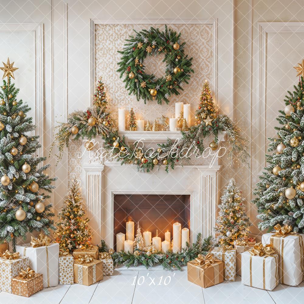 Kate Christmas Fireplace Trees Wreath Gold Ornaments Gifts Backdrop Designed by Emetselch