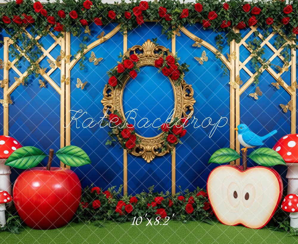 Kate Cake Smash Blue Lattice Red Roses Apples Mushrooms Gold Frame Backdrop Designed by Patty Roberts