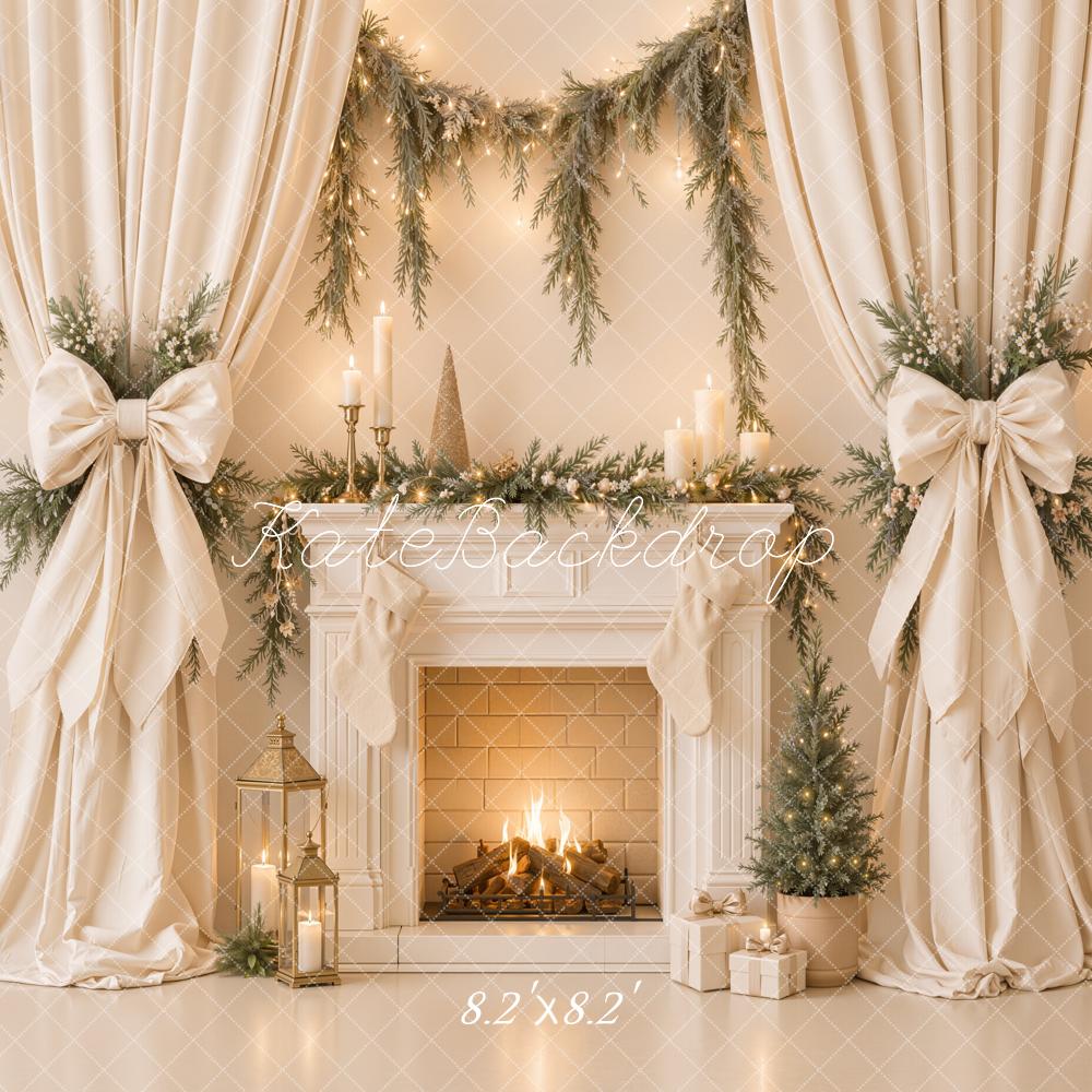 Kate Christmas Fireplace White Drapes Bow Garland Tree Printed Backdrop Designed by Emetselch