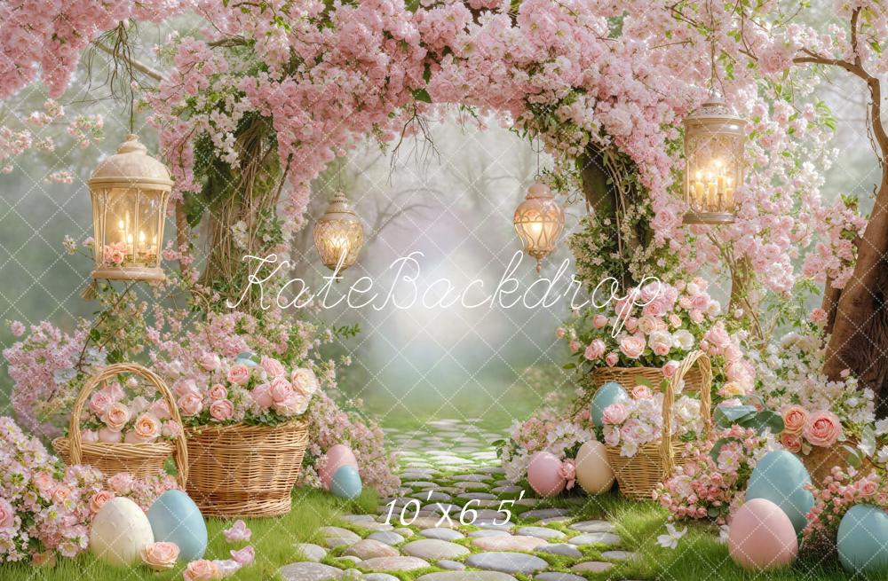 Kate Easter Bunny Flower Arch Pink Cobblestone Path Printed Backdrop Designed by Emetselch