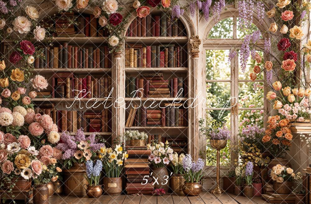 Kate Bookshelf Flower Arch Window Printed Backdrop Designed by Emetselch