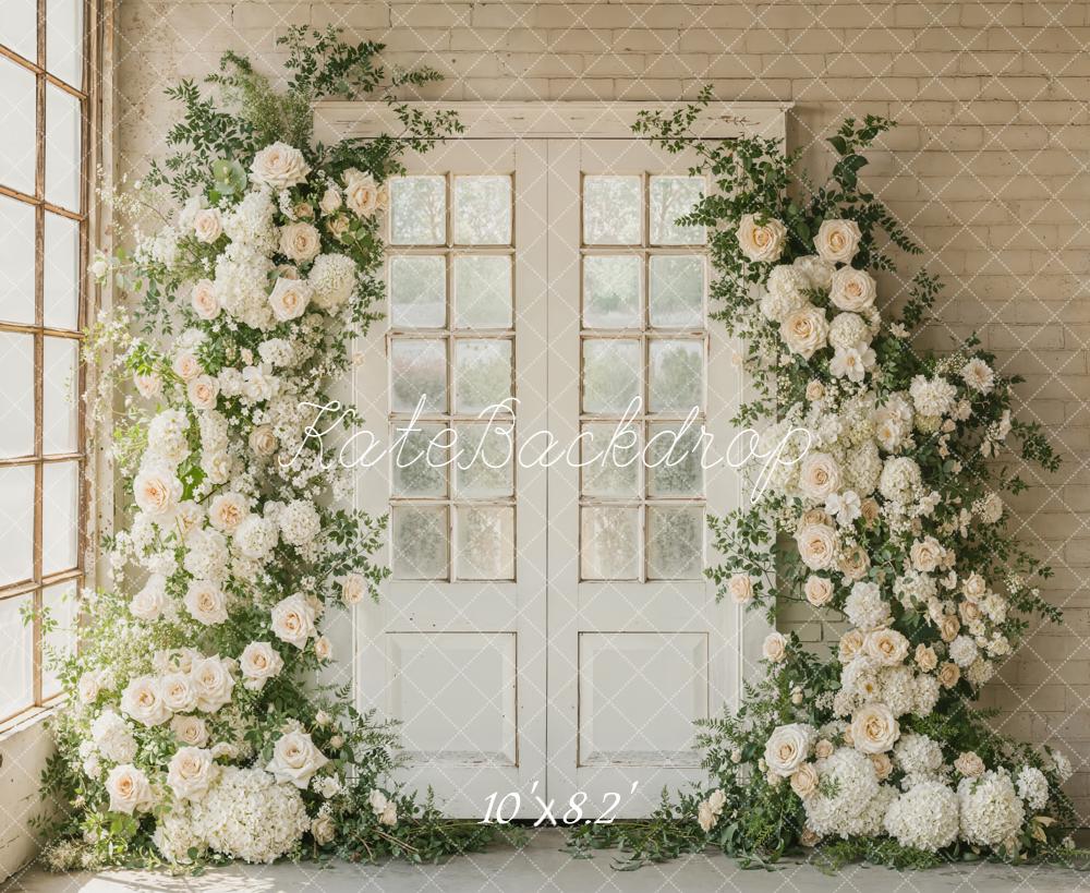 Kate Spring Flower Arch French Doors Beige Wall Printed Backdrop Designed by Emetselch