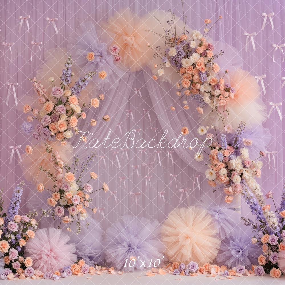 Kate Mother's Day Flower Arch Pastel Tulle Bows Purple Roses Backdrop Designed by Emetselch