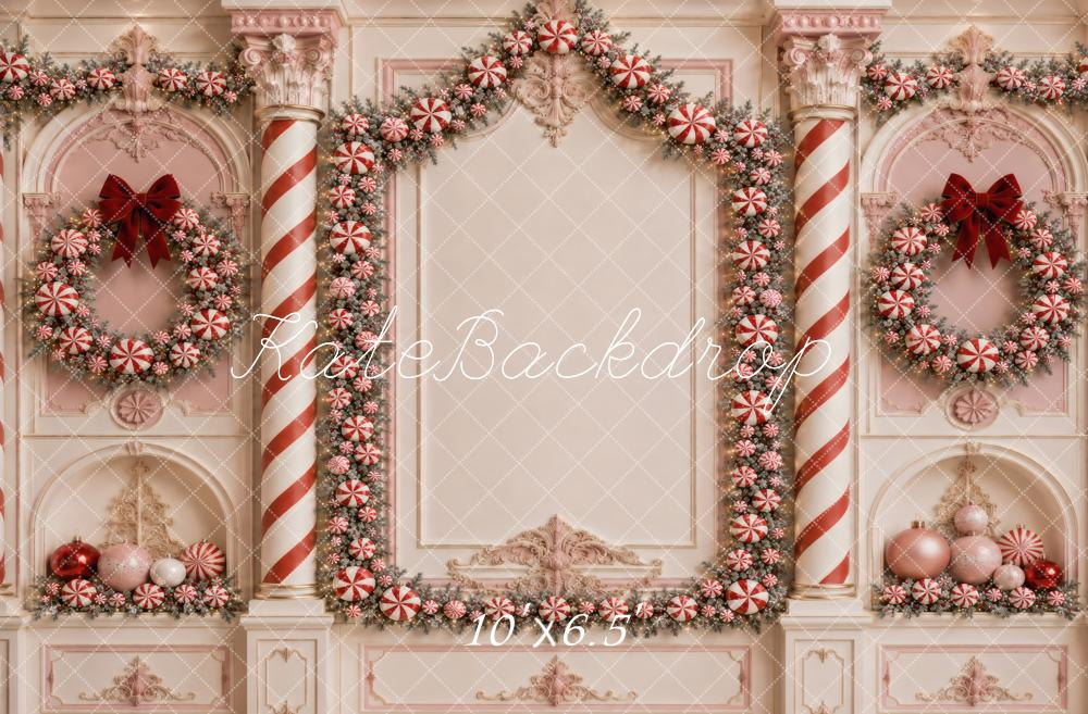 Kate Christmas Pink Candy Wreath Columns Printed Backdrop Designed by Vertigo Productions