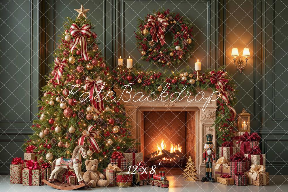Kate Christmas Tree Fireplace Striped Wreath Gifts Green Printed Backdrop Designed by Mini MakeBelieve