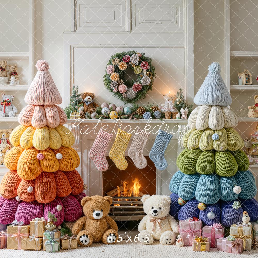 Kate Christmas Knitted Rainbow Trees Fireplace Teddy Bears Backdrop Designed by Emetselch